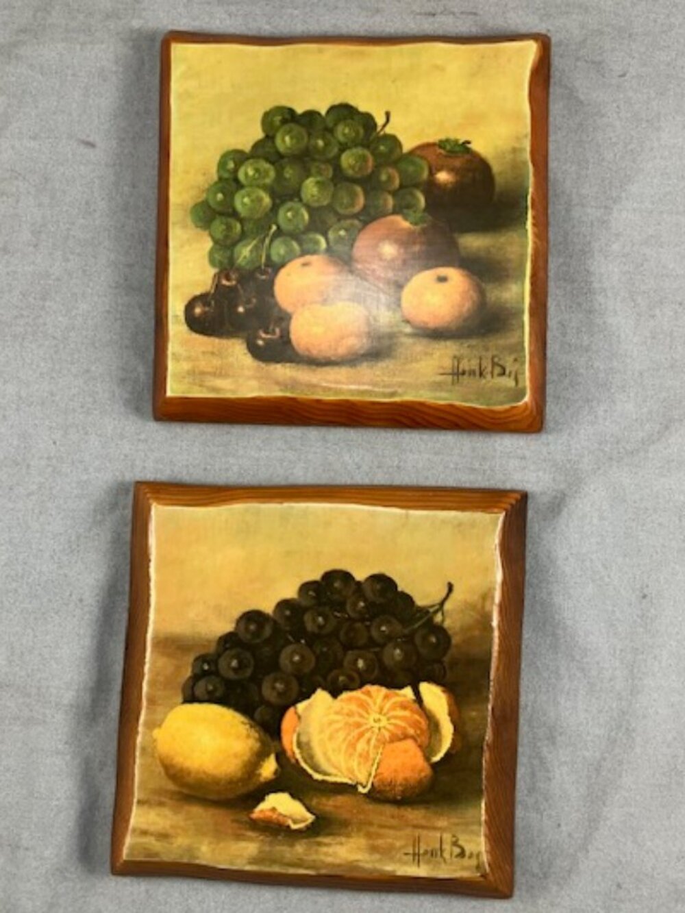 Pair of Vintage Wood Plaques Fruit Still Life 6" square
